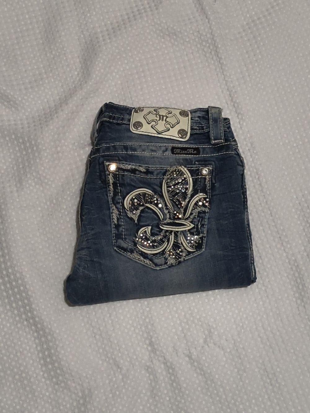Signature Women's Dark Blue Boot Cut Jeans with Embellished Fleur-de-lis Pocket
